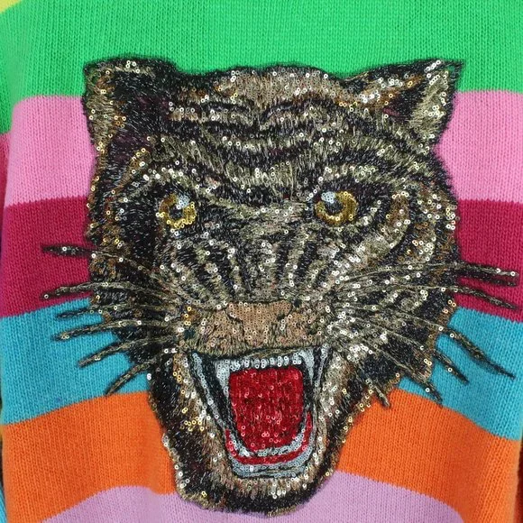 NWT Gucci Stripe Sequin Embroidered Wool Sweater, Small, Tiger “Loved” Appliqué - Picture 6 of 16